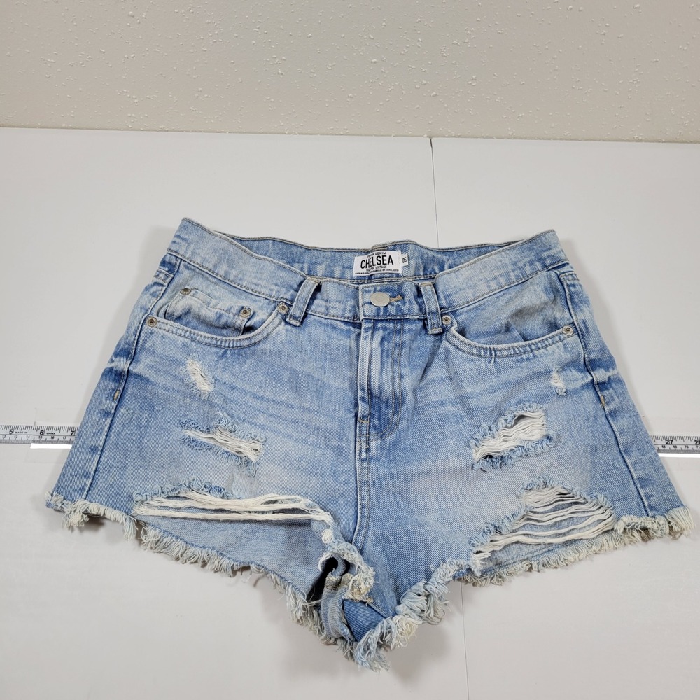 Refuge Denim Chelsea Shorts Women 05 Blue Excellent Distressed High Rise Raw Hem